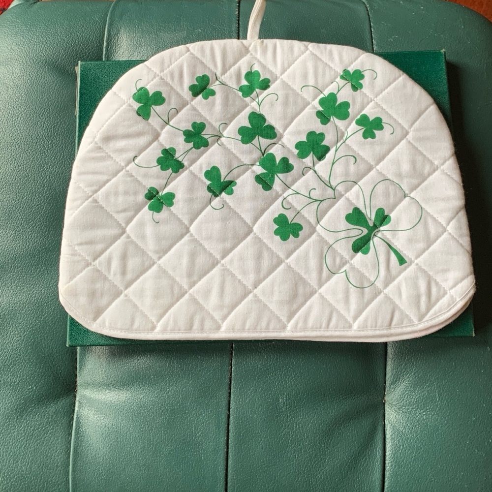 White Quilted Tea Cosy with Green Shamrock Design